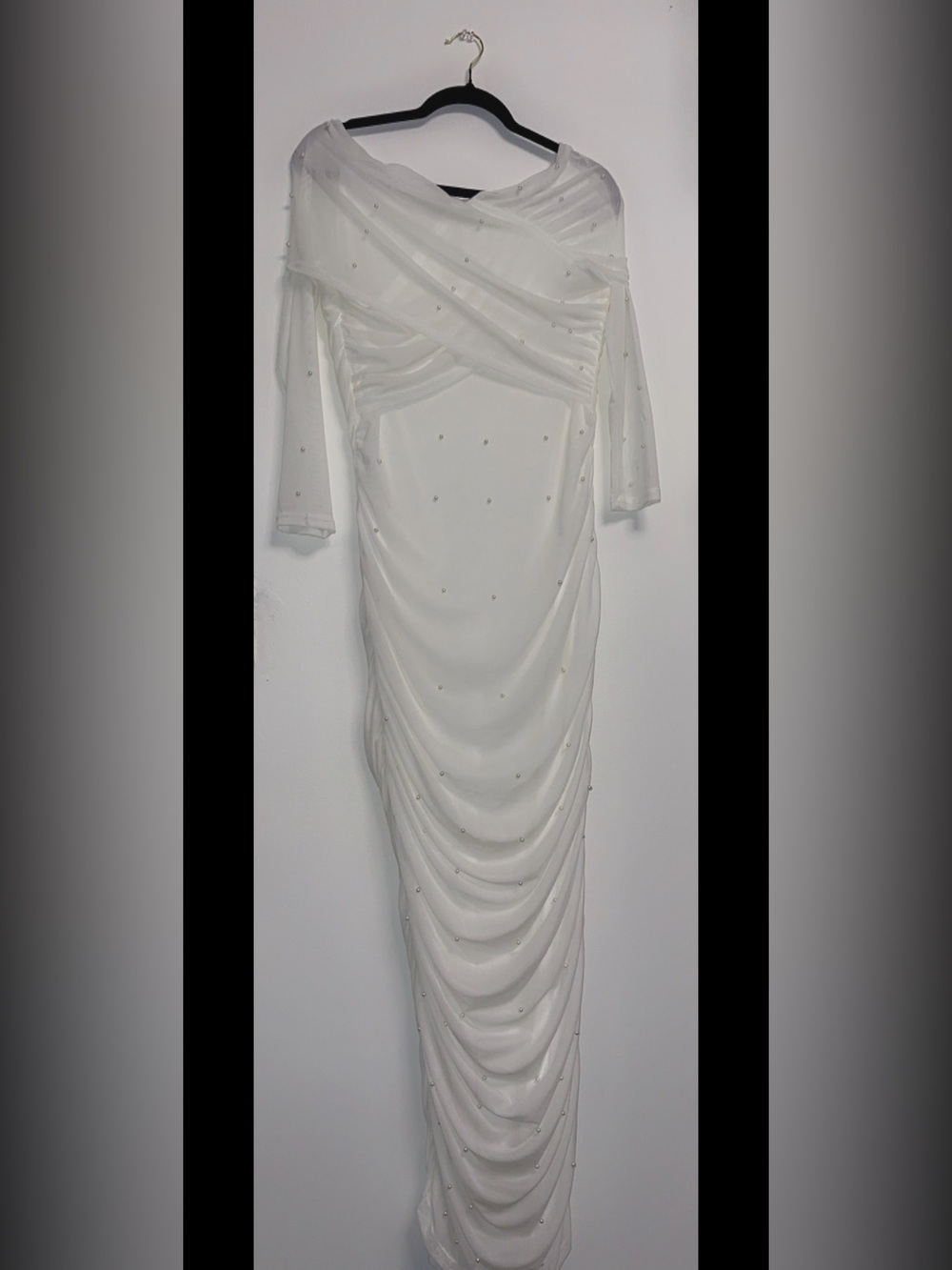 Elegant Ivory Draped Pearl-Embellished Women’s Dress